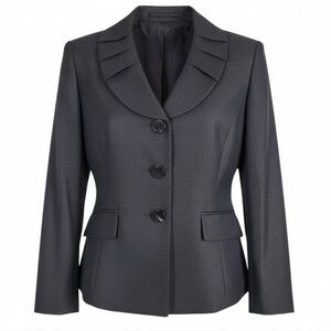 Le Suit Blazer Size 10 Black Gold Undertones Ruffled Collar Pockets Slit Cuffs